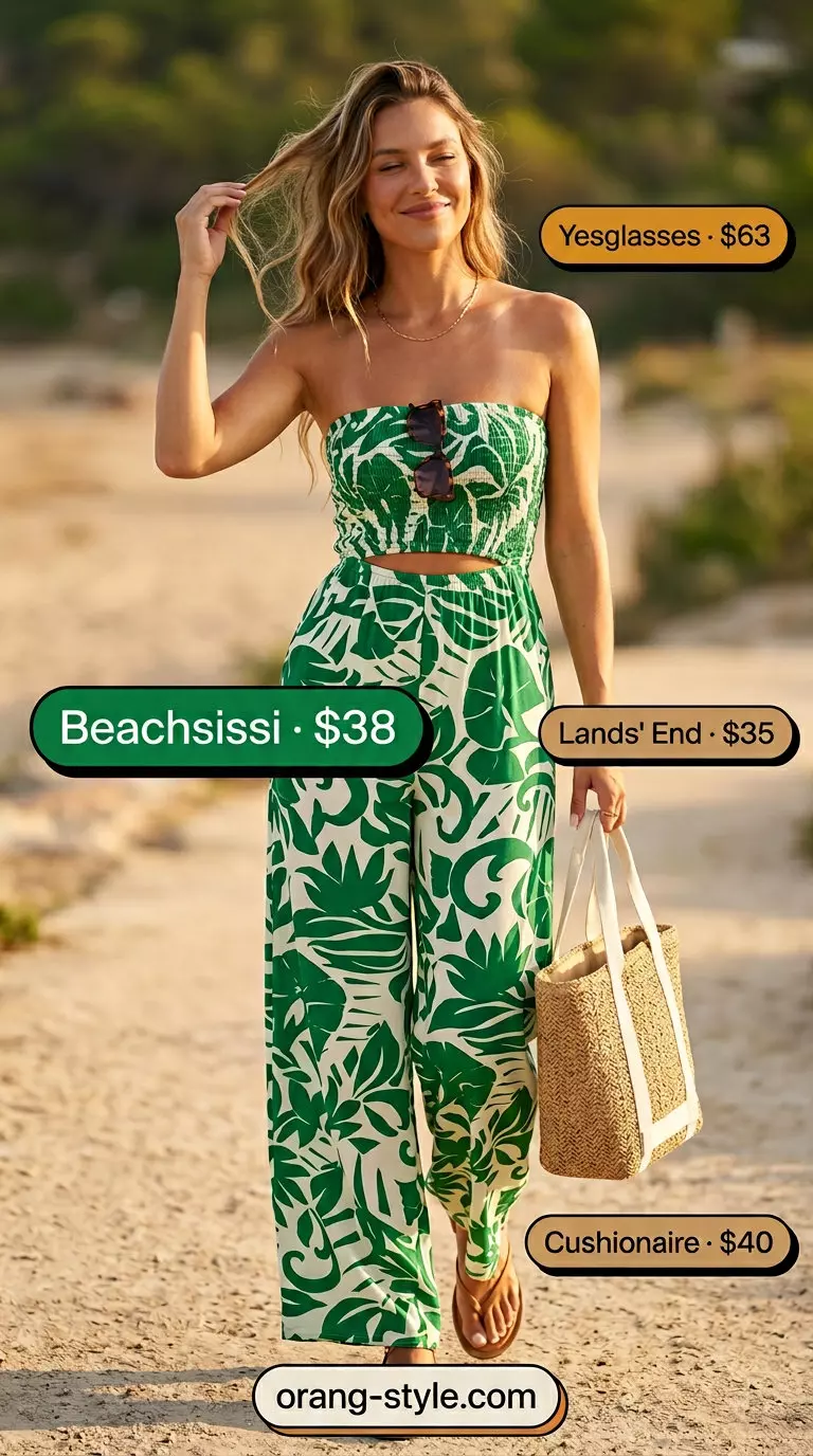 Tropical floral bandeau jumpsuit for women 2026, perfect for vacation or summer parties. Tan accessories complete the look.