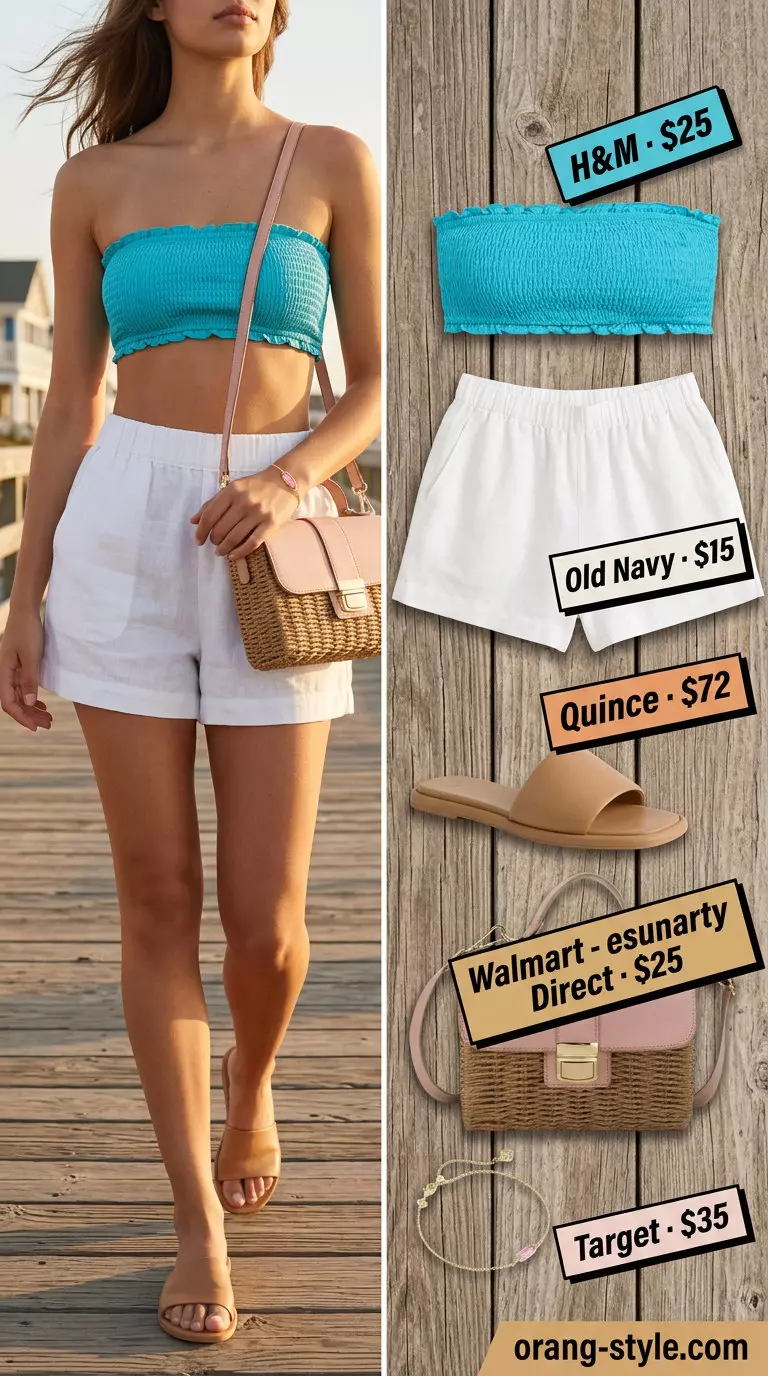Vibrant turquoise textured bandeau top with linen shorts for women 2026. Relaxed beach day and brunch outfit.