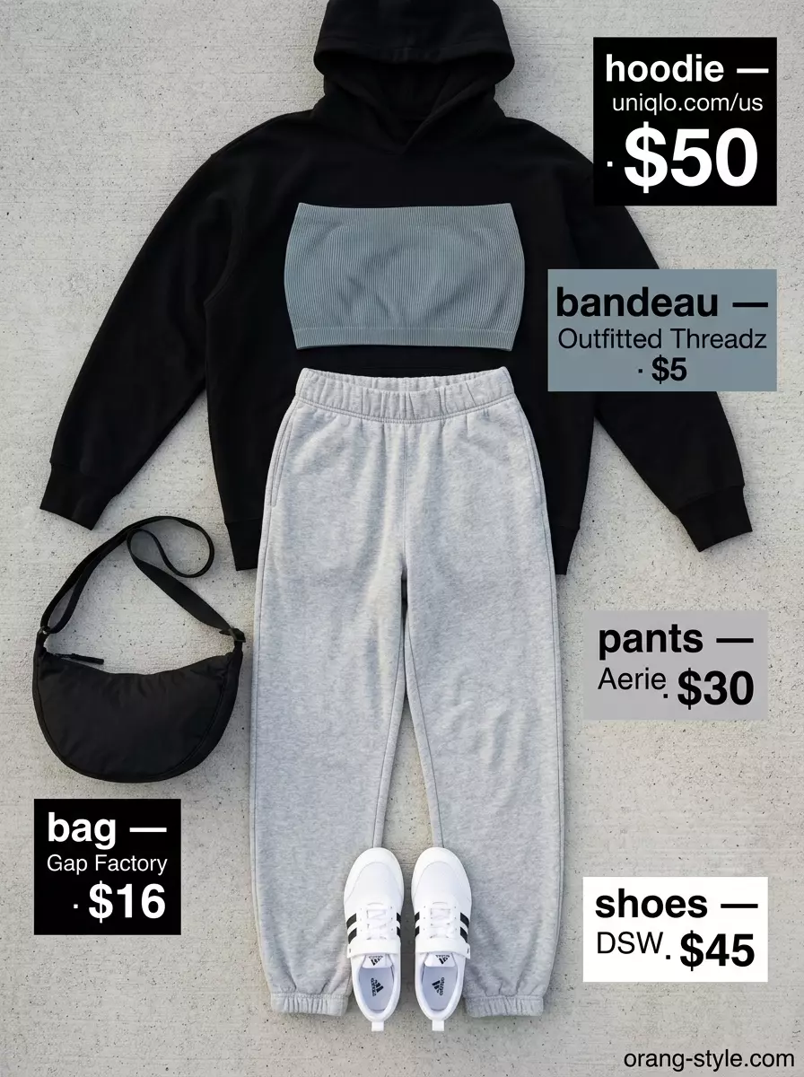 Grey bandeau top with jogger pants and hoodie for athleisure comfort 2026.