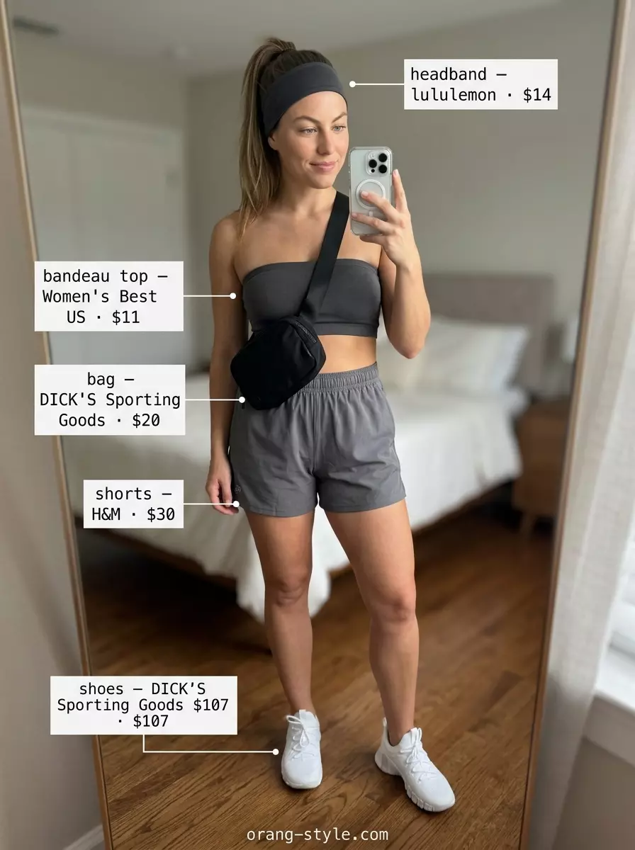 Monochrome charcoal grey bandeau sports bra with matching shorts for athleisure style 2026.