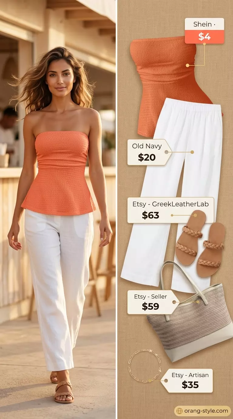Coral bandeau top with white linen pants for a sunset beach look 2026.