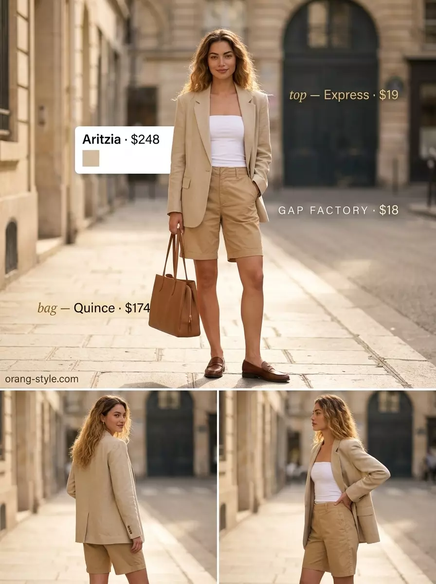 Chic white bandeau top with tan Bermuda shorts and a beige blazer for summer 2026.