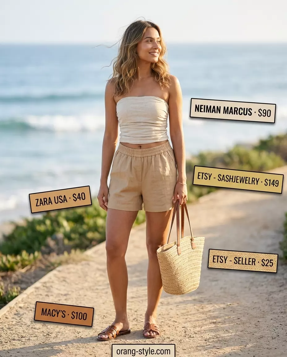 Sand beige bandeau top with linen shorts for a coastal vacation outfit 2026.