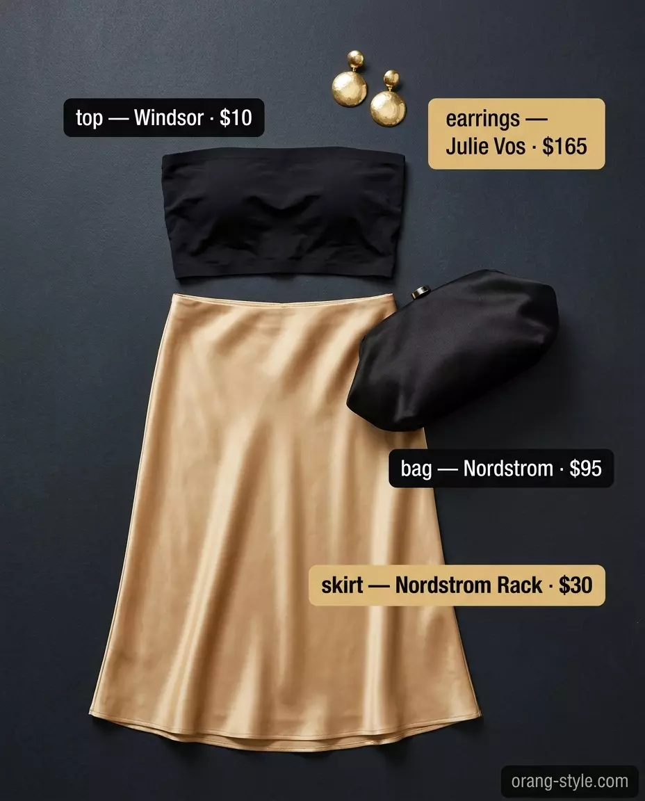 Elegant black bandeau top with champagne satin midi skirt for a summer cocktail party 2026.