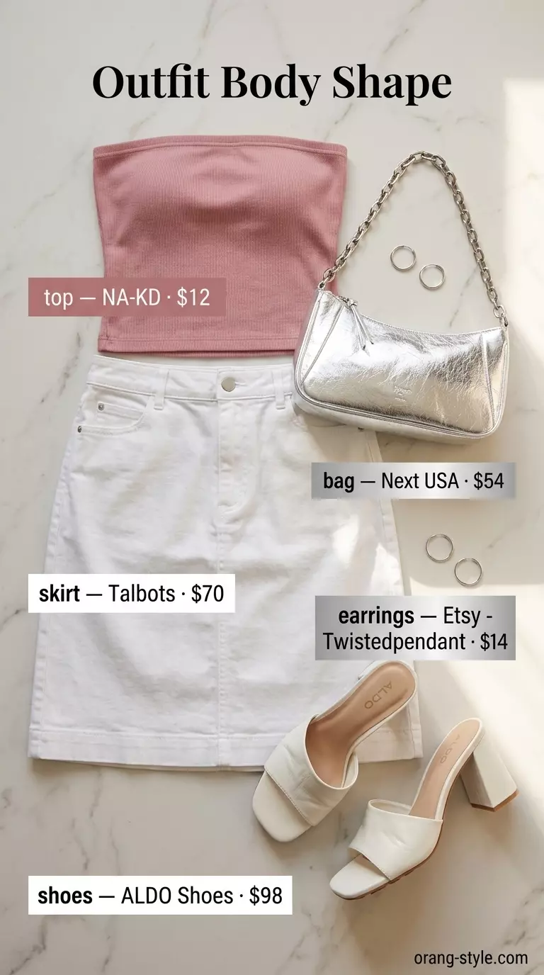 Blush pink bandeau top with white denim skirt for a summer date night outfit 2026.