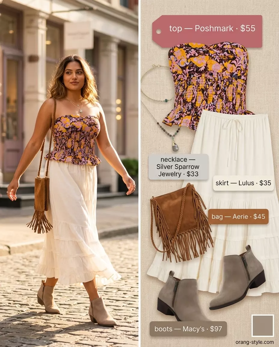 Multi-color floral bandeau top with a cream tiered maxi skirt for a boho festival 2026.