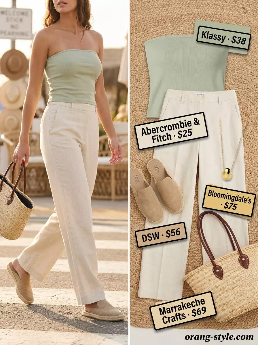 Sage green bandeau top with cream linen pants for a chic vacation outfit 2026.