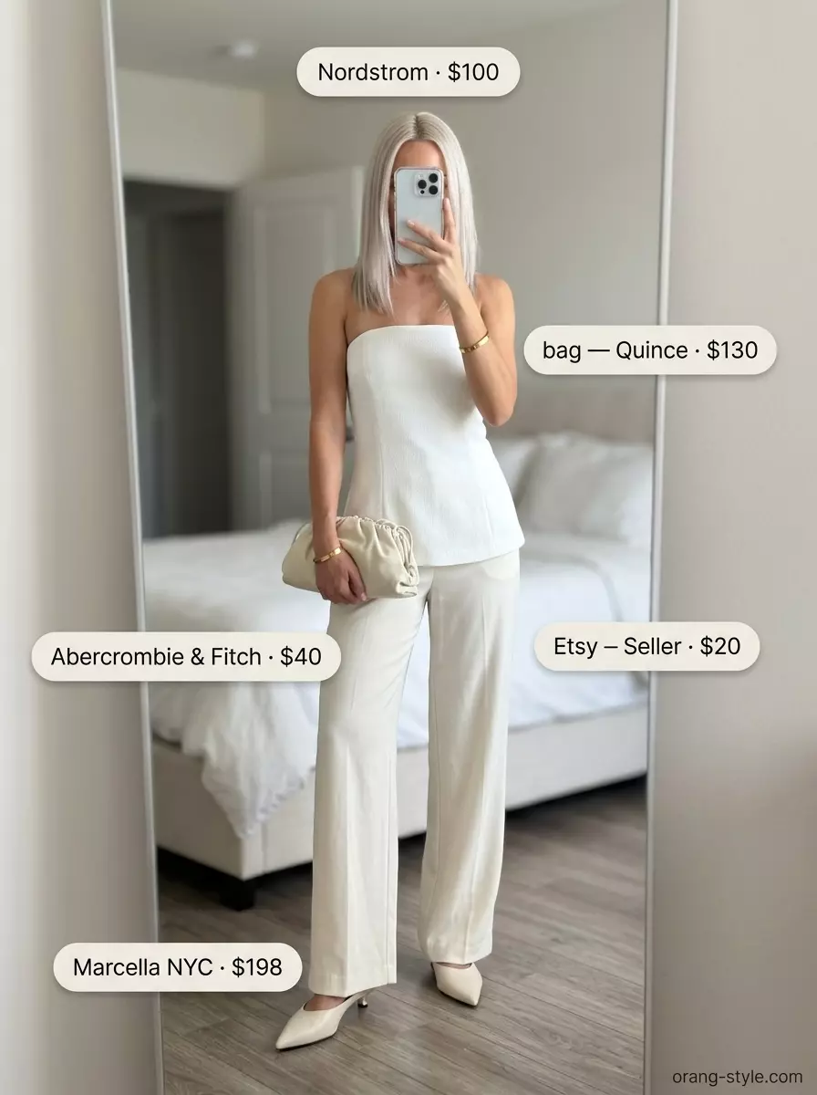 Minimalist Chic: White structured bandeau top with cream wide-leg pants, gold bangle & nude mules. Summer Bandeau top for women 2026.