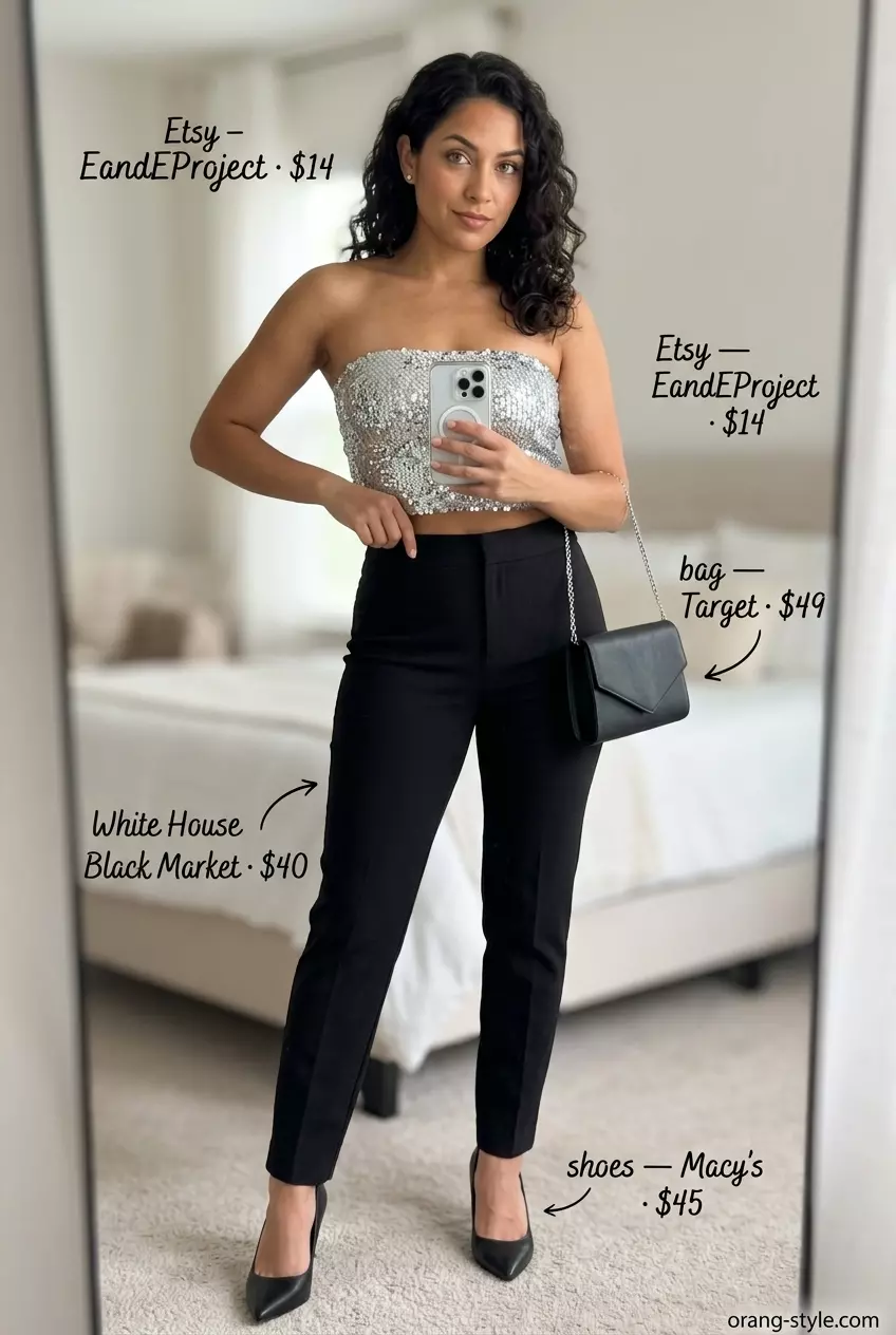 Glamorous silver sequin bandeau top with black trousers for a night out 2026.