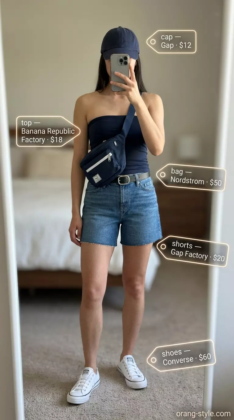 Navy blue bandeau top with denim shorts for a sporty chic look 2026.