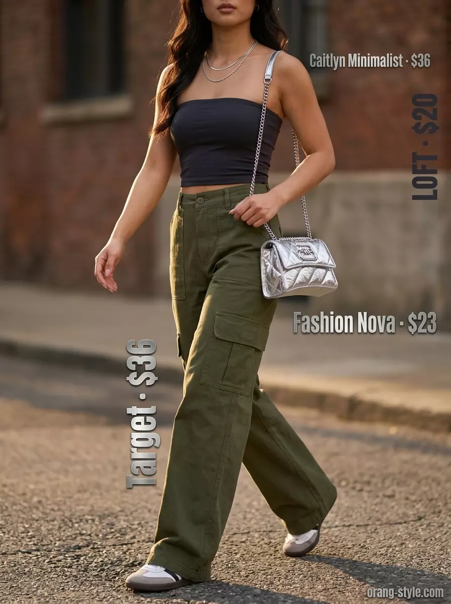 Urban Explorer: Olive cargo pants with black knit bandeau top, silver chains & combat boots. Summer Bandeau top for women 2026.