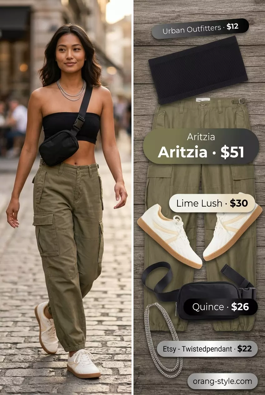 Edgy olive green cargo pants with a black bandeau top for urban exploration 2026.