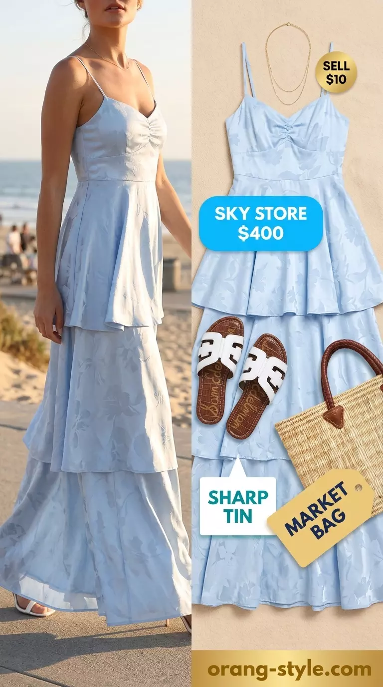 Sky blue flowy tiered maxi dress for women 2026, perfect for beach days and summer vacations. Relaxed and serene style.