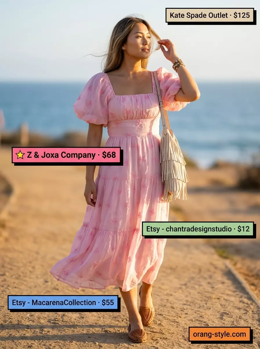 Blush pink tiered maxi belted dress for women 2026, perfect for festivals and boho weddings. Ethereal and romantic style.