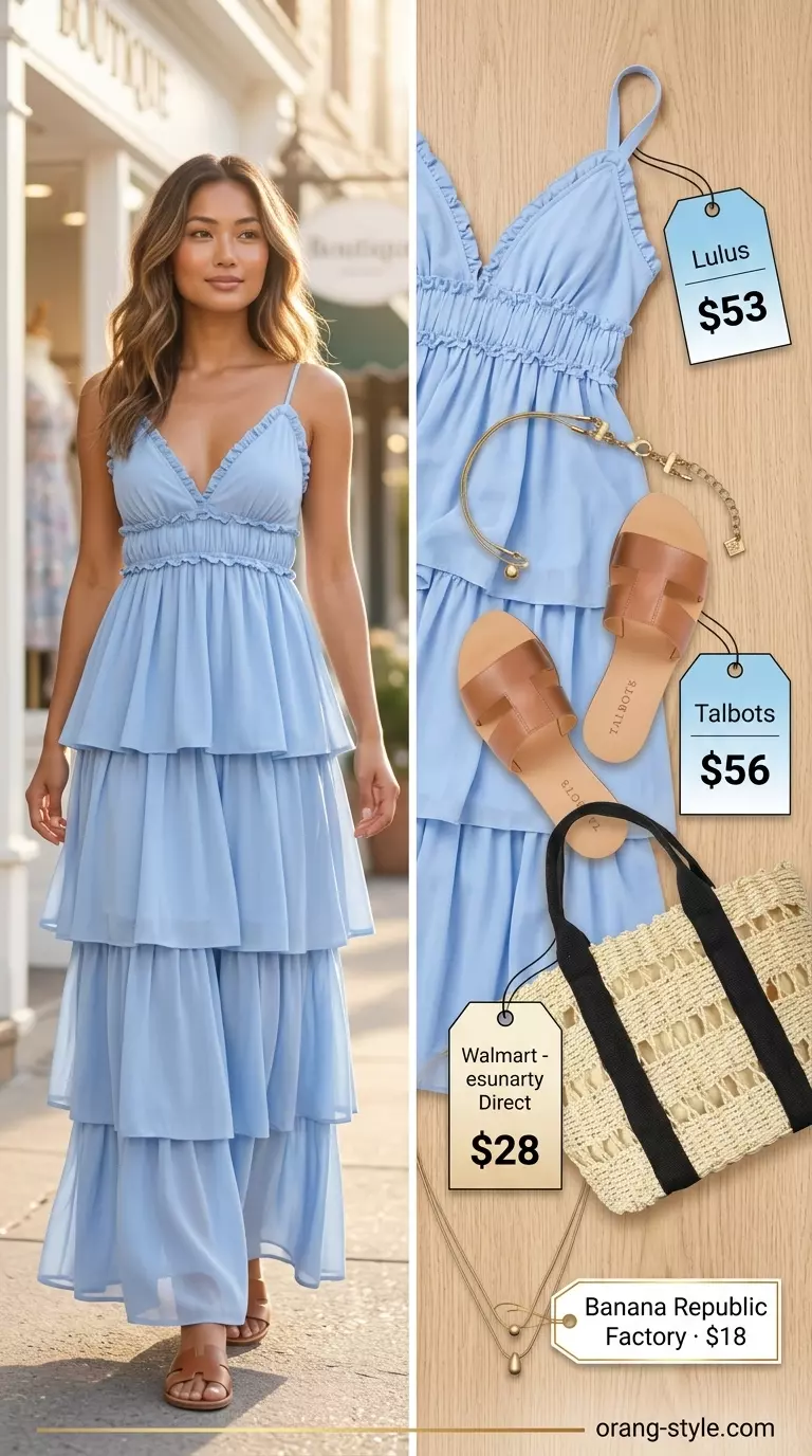 Flowy sky blue maxi dress with straw tote and slide sandals. Summer Belted dress for women 2026 beach wear.