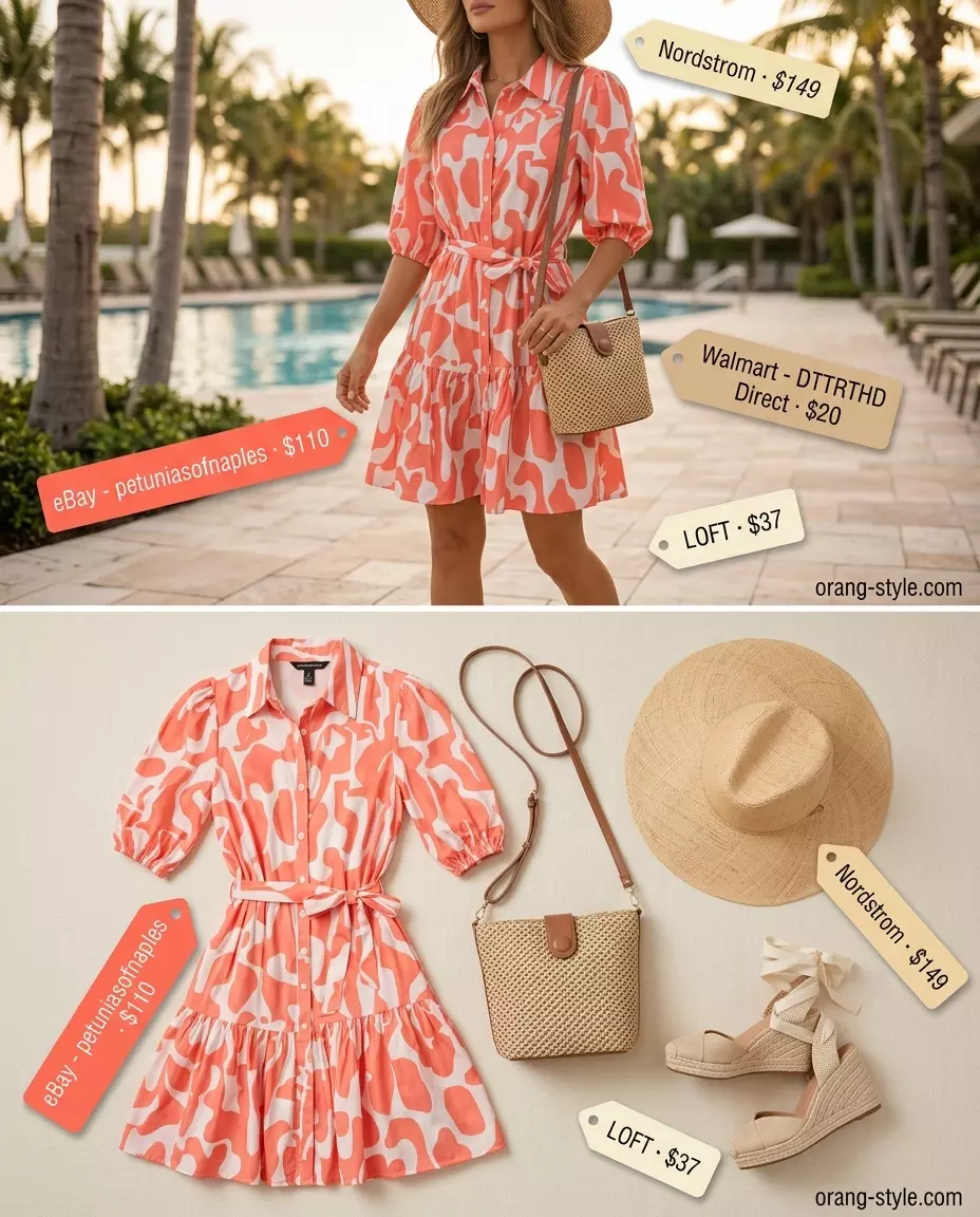 Coral and white print cotton belted dress for women 2026, ideal for brunch and casual daytime outings. Playful and charming.