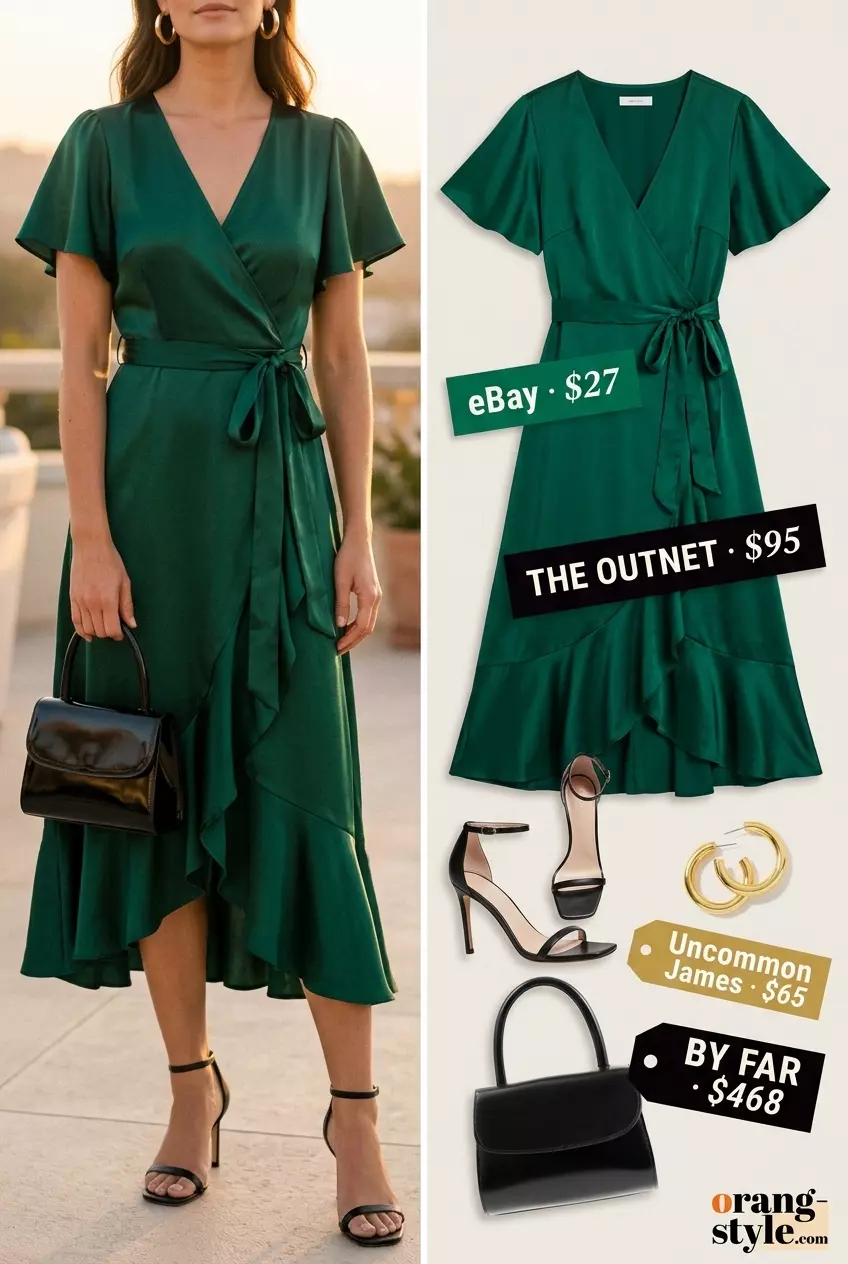Emerald green satin belted dress for women 2026, perfect for summer weddings and dinner dates. Elegant gold accessories.