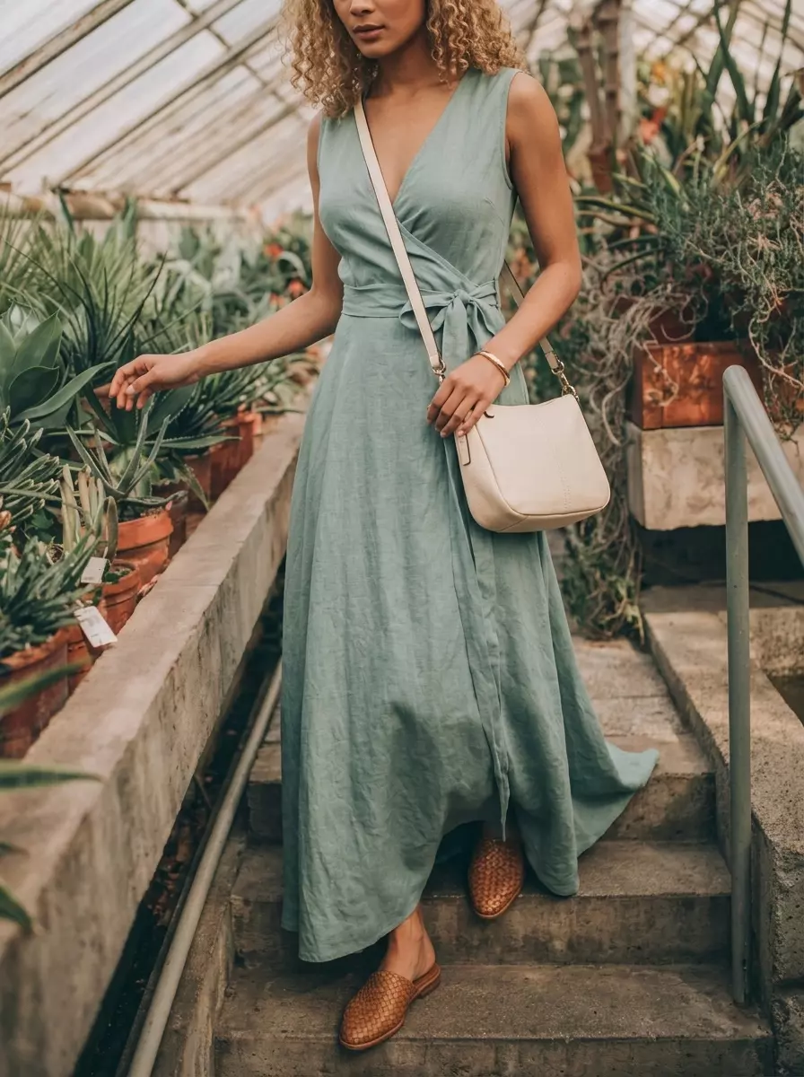 Effortless olive green linen maxi dress with leather mules and crossbody bag. Summer Belted dress for women 2026 travel.