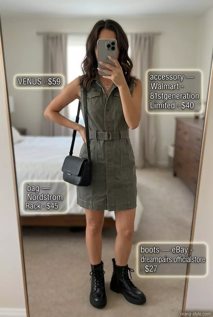 Olive green utility belted dress for women 2026, perfect for city exploration and casual days out. Edgy and modern.