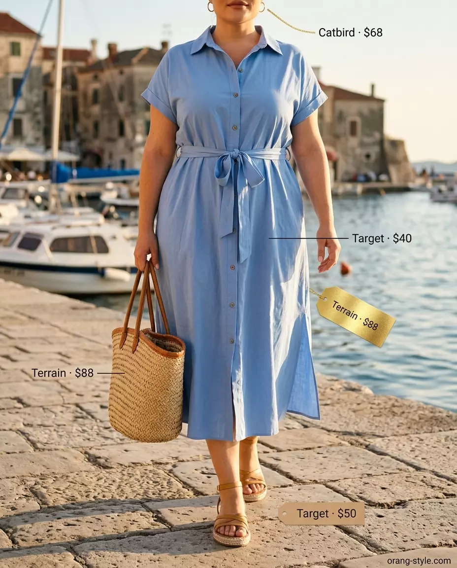 Sky blue cotton poplin belted dress for women 2026, ideal for beach vacations and casual lunches. Relaxed and chic style.