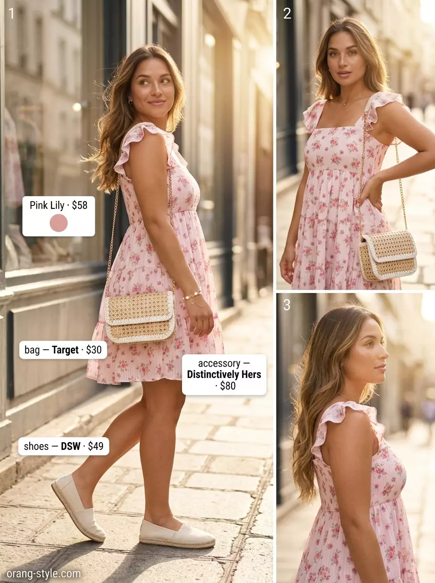 Sweet blush pink sundress with espadrille flats and straw crossbody. Summer Belted dress for women 2026 date.