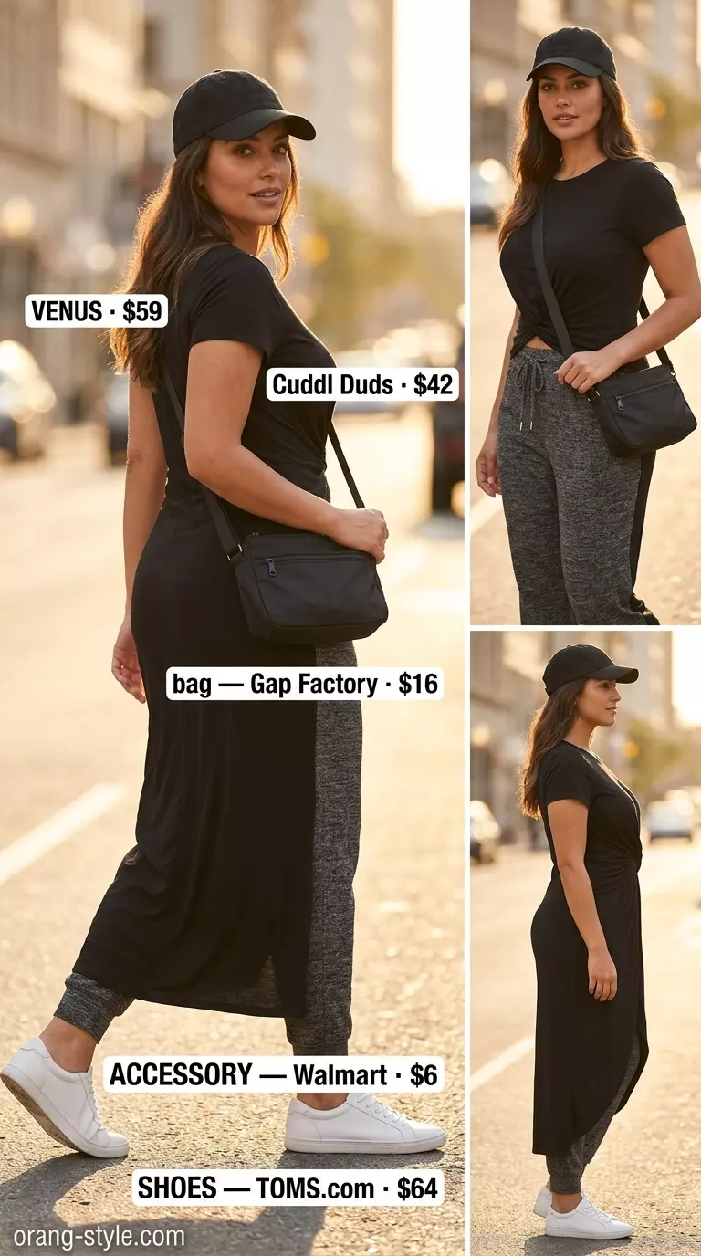 Comfortable charcoal grey joggers with white sneakers and black crossbody bag for travel 2026.