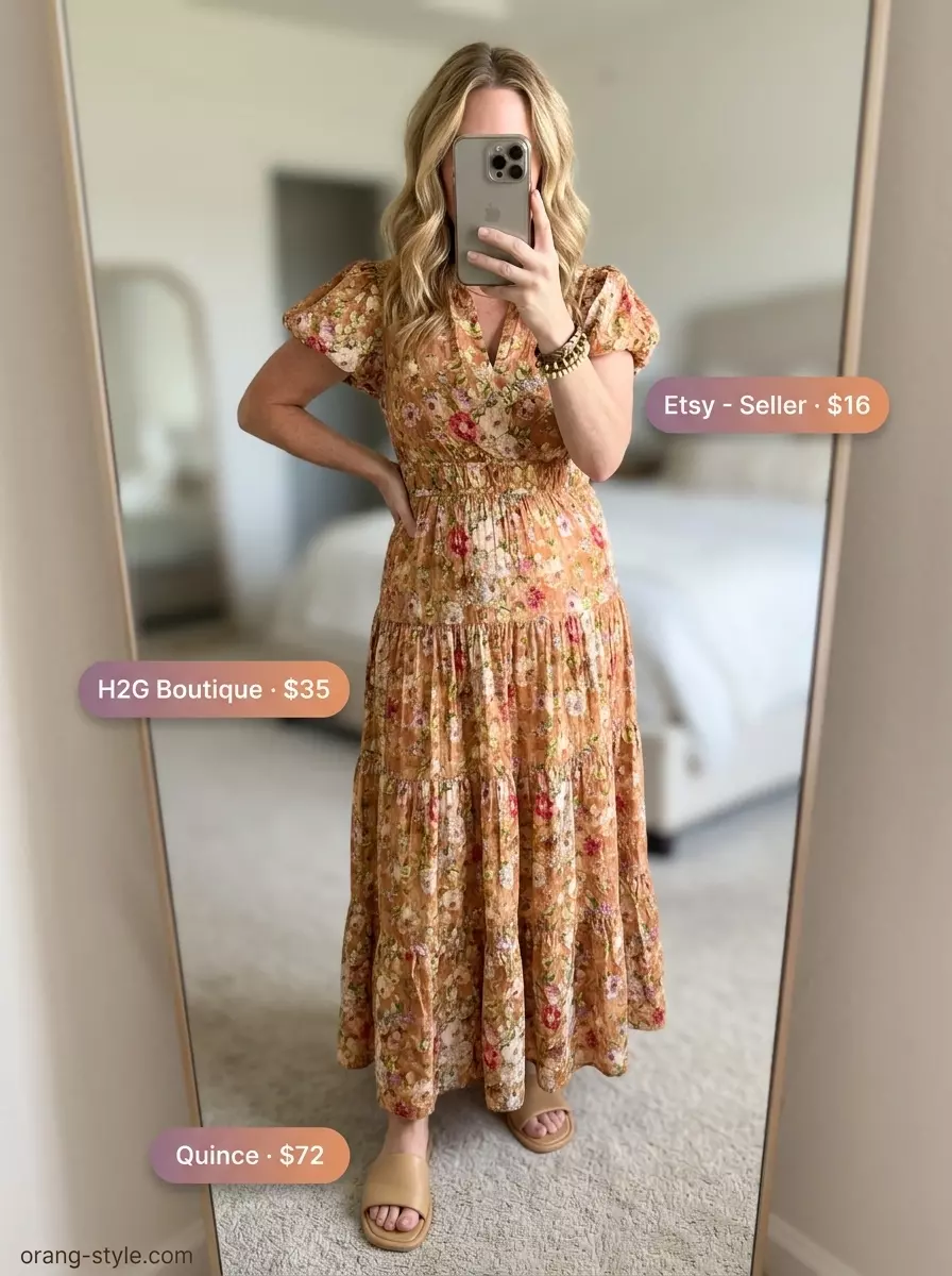 Boho terracotta maxi dress with leather sandals and straw tote for beach days 2026.