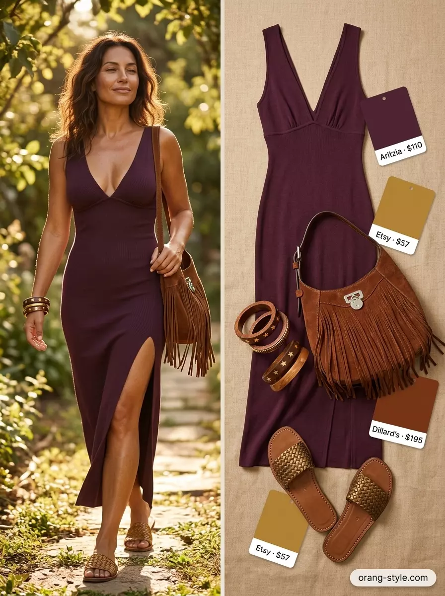 Boho multi-color floral dress with brown suede bag and leather sandals for summer evenings 2026.