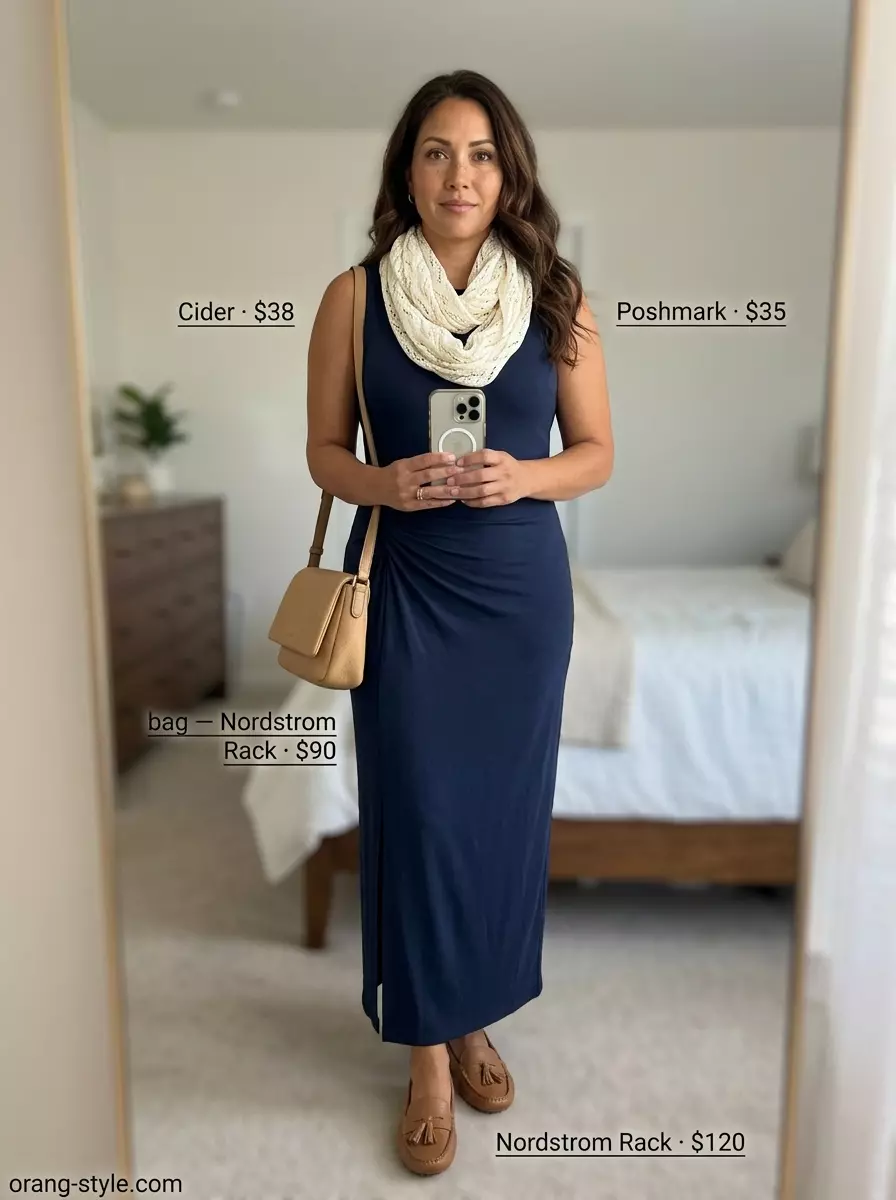 Chic navy blue maxi dress with tan crossbody bag and loafers for travel 2026.