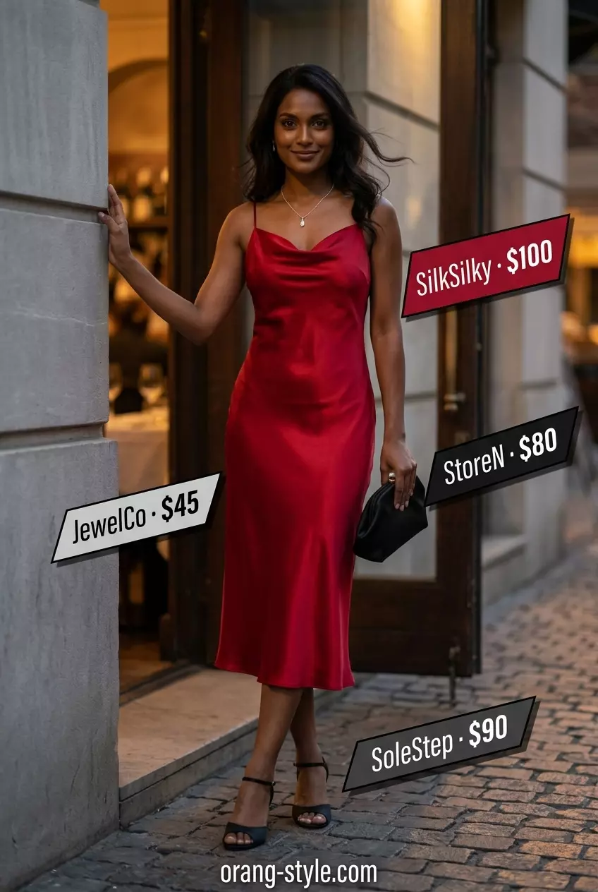 Elegant burgundy slip dress with black heels and silver necklace for evening events 2026.