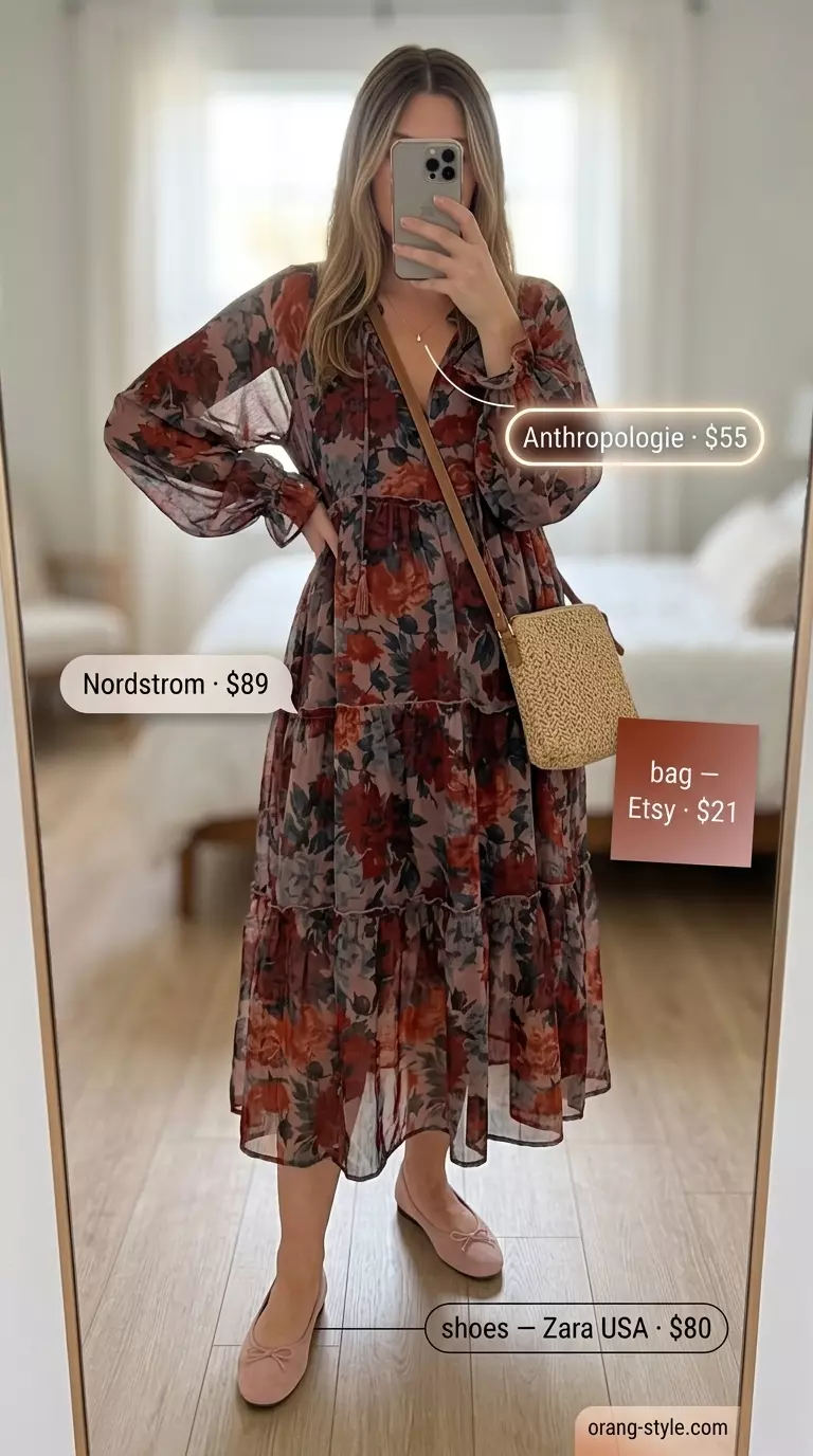 Romantic pastel floral belted dress with ballet flats for garden parties 2026.