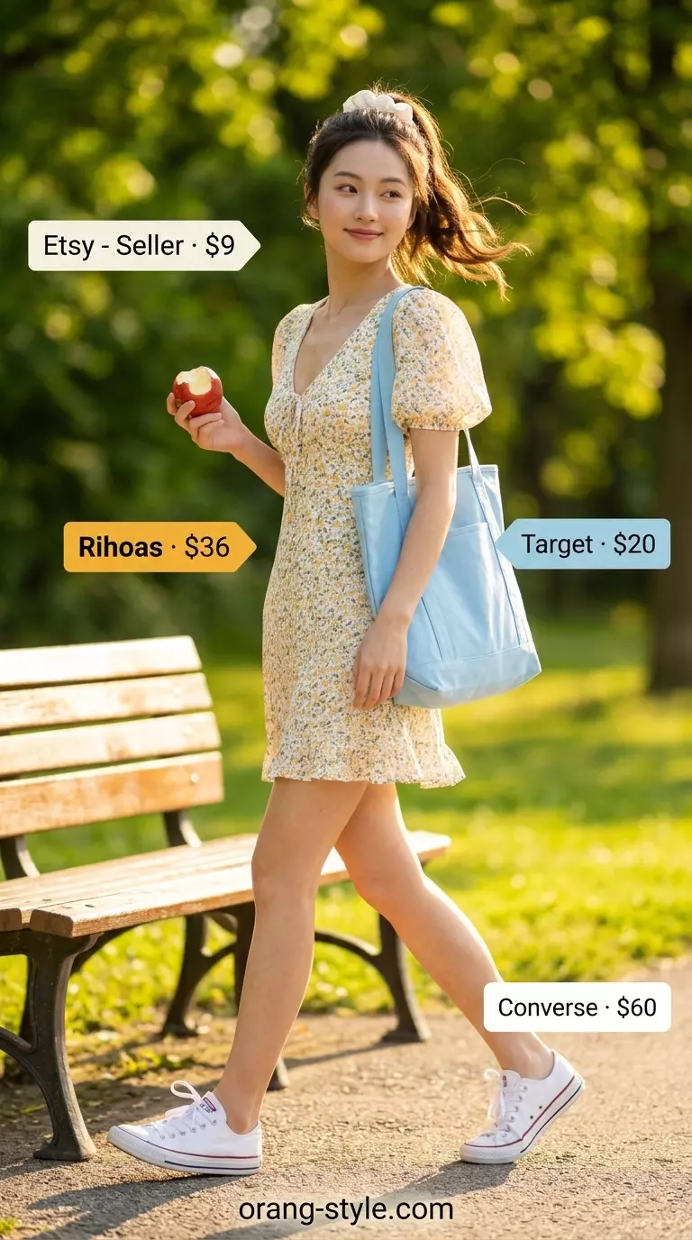 Playful yellow floral babydoll dress with white sneakers for a summer picnic 2026.