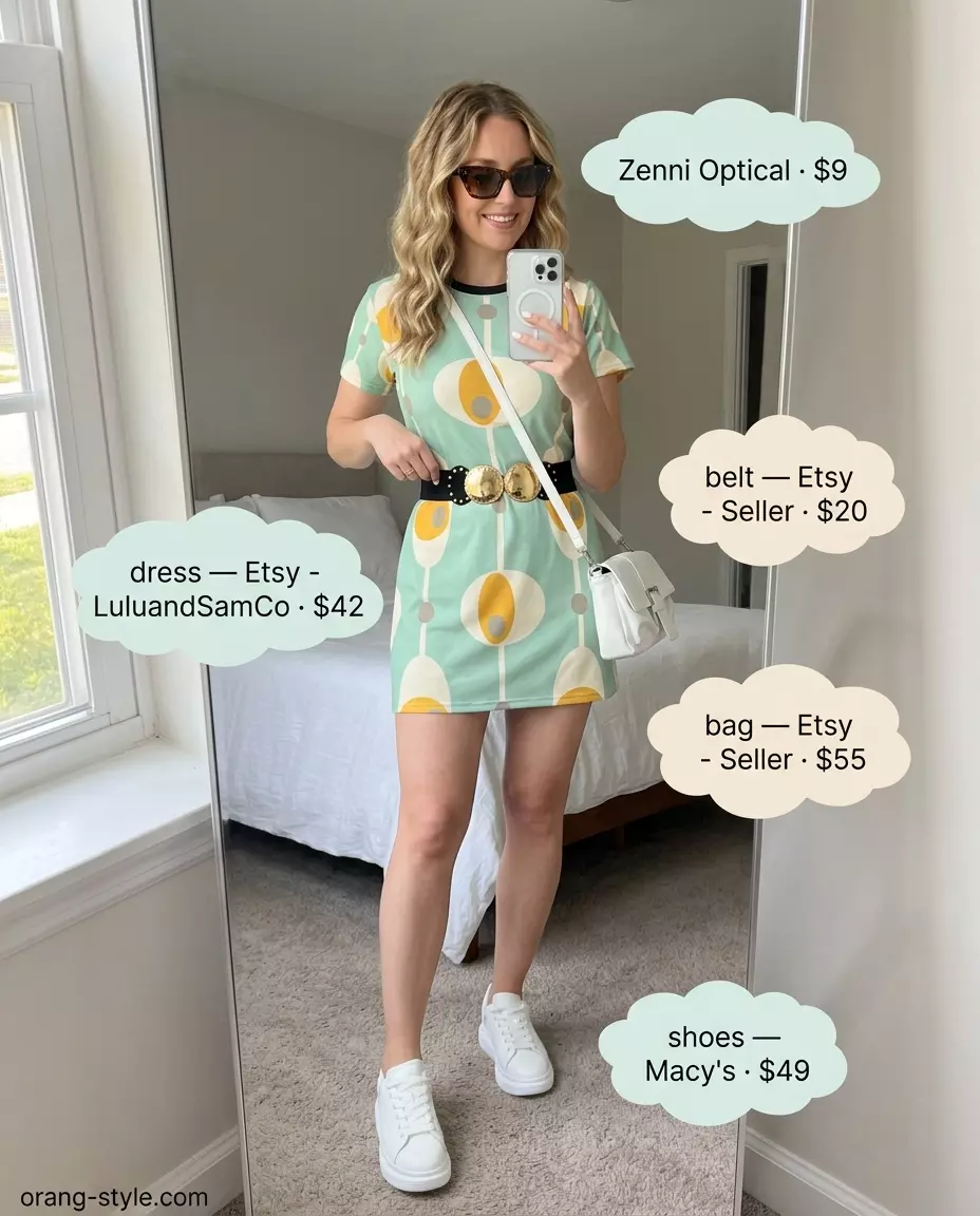 Retro mustard yellow geometric dress with white crossbody bag and platform sneakers 2026.