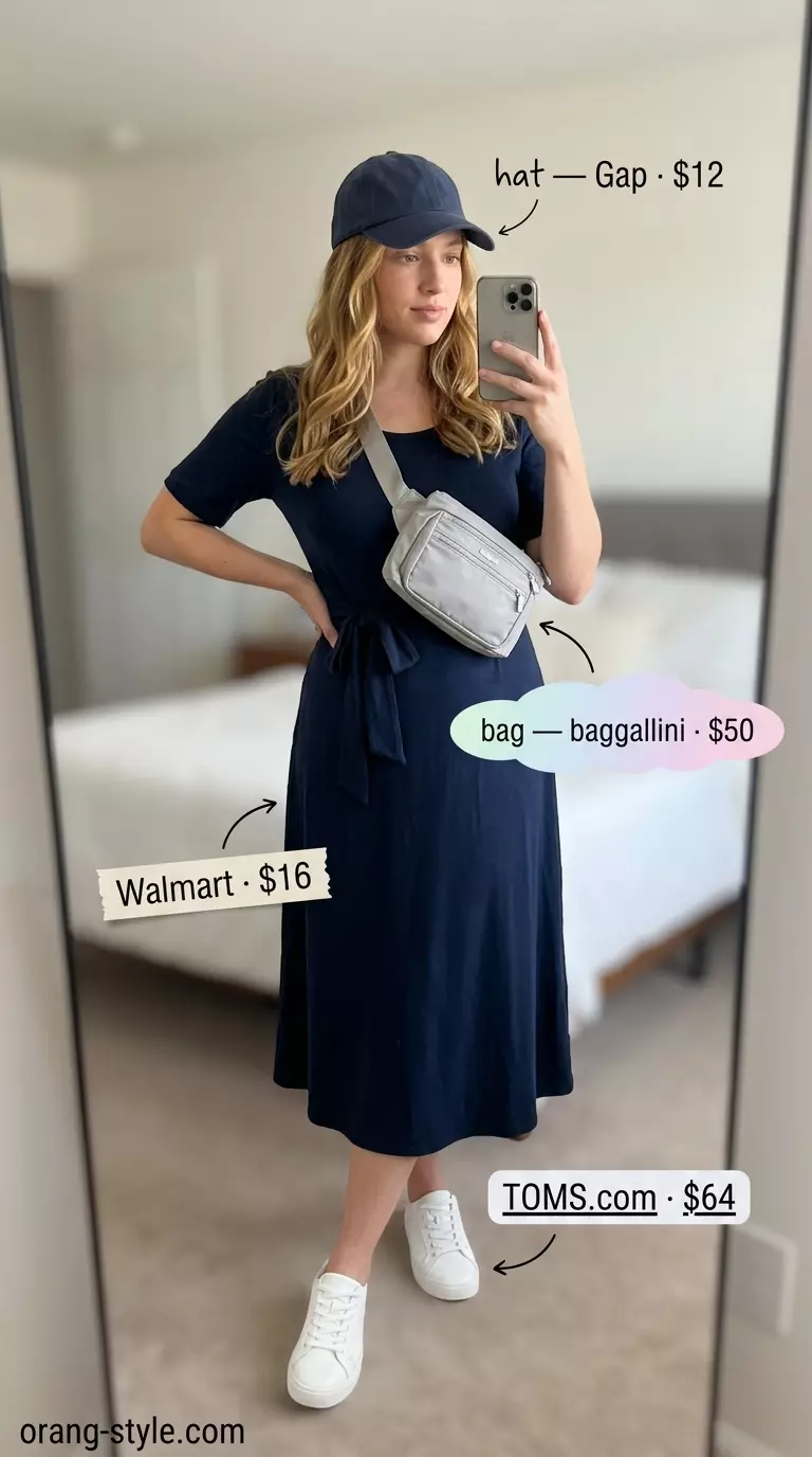 Sporty chic navy blue belted dress with white sneakers and grey crossbody bag for summer 2026.
