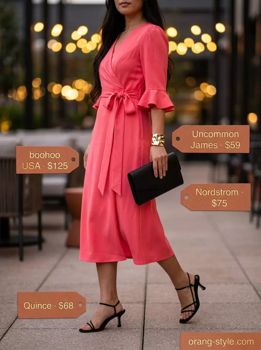 Vibrant coral pink wrap dress with black heels and gold cuff for summer evenings 2026.