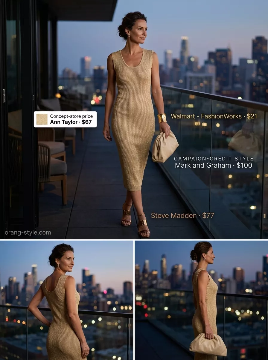 Luxe Lounge Summer Cocktail Party Outfit 2026 Champagne gold metallic knit midi dress, bronze mules & gold cuff for a summer cocktail party outfit for women 2026.