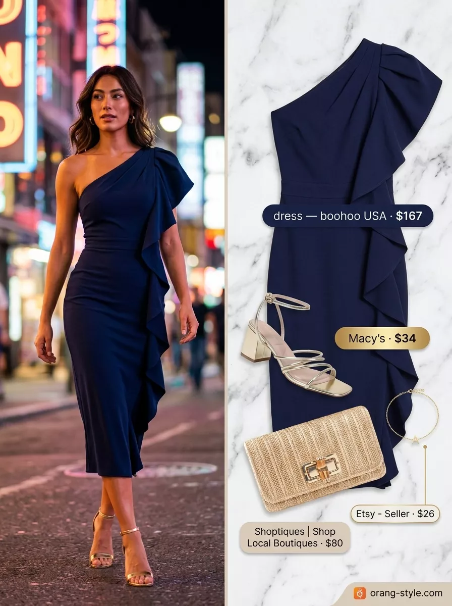 Mediterranean Summer Cocktail Party Outfit 2026 Cobalt blue one-shoulder midi dress, straw clutch & gold sandals for a summer cocktail party outfit for women 2026.