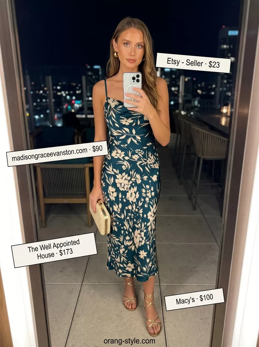 Island Escape Gala 2026: Tropical Summer Cocktail Dress Island Escape Gala summer cocktail outfit: teal and cream floral slip dress, gold hoops, and straw clutch for a destination wedding.