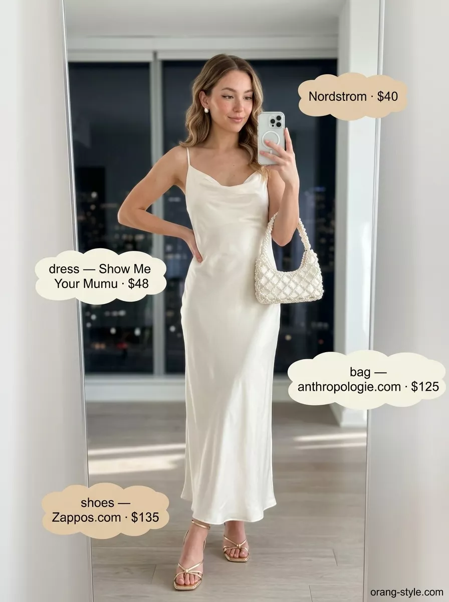 Champagne Toast Summer Cocktail Party Outfit 2026 Ivory cowl neck mini dress, champagne heels & pearl studs for a summer cocktail party outfit for women 2026.
