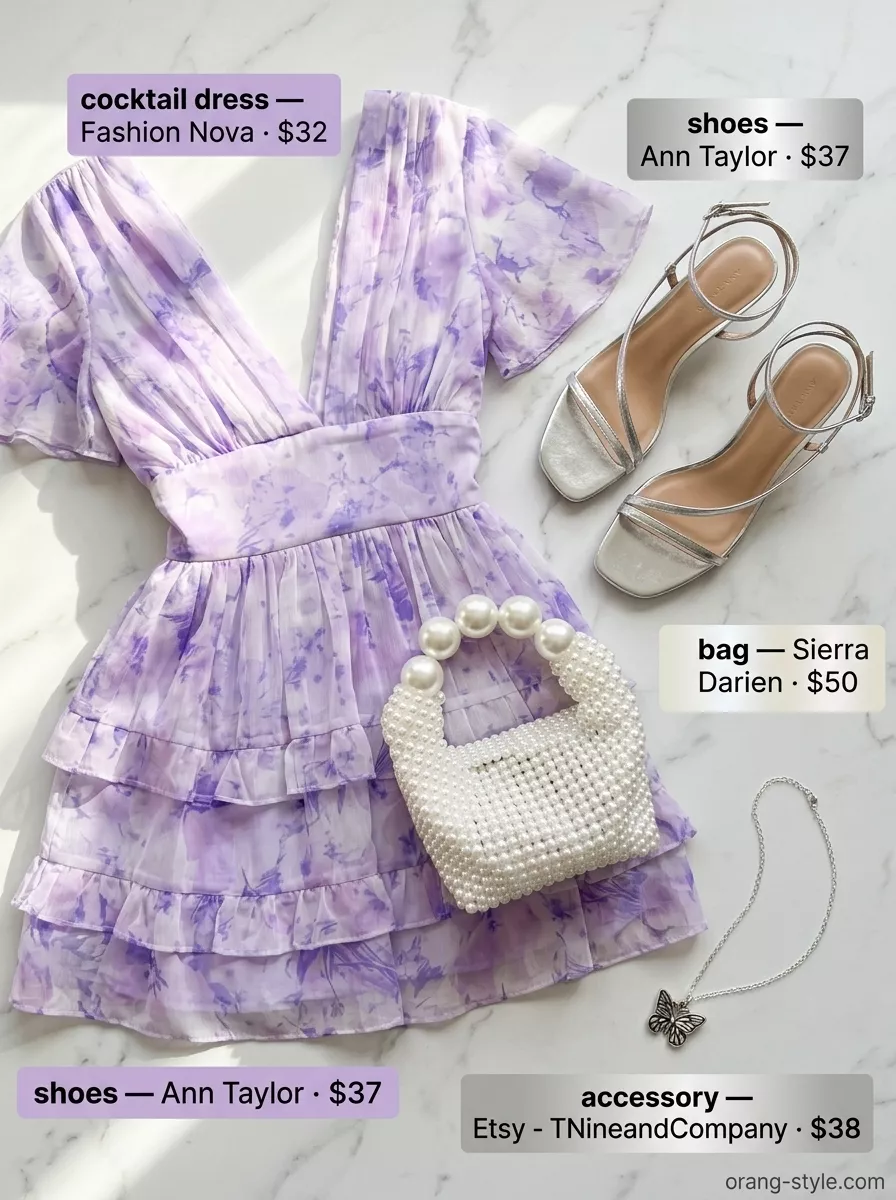 Whimsical Rooftop Drinks 2026: Lavender Summer Cocktail Dress Whimsical Rooftop Drinks summer cocktail outfit: lavender tiered chiffon dress, silver necklace, and kitten heels for a daytime soiree.