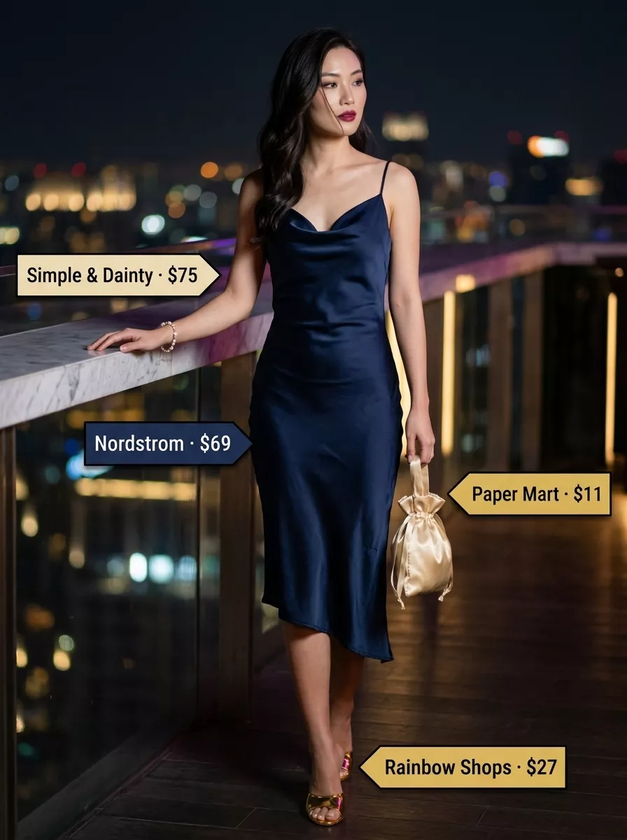 Navy Nocturne Summer Cocktail Party Outfit 2026 Navy blue bias-cut midi dress, champagne mules & gold bracelet for a summer cocktail party outfit for women 2026.
