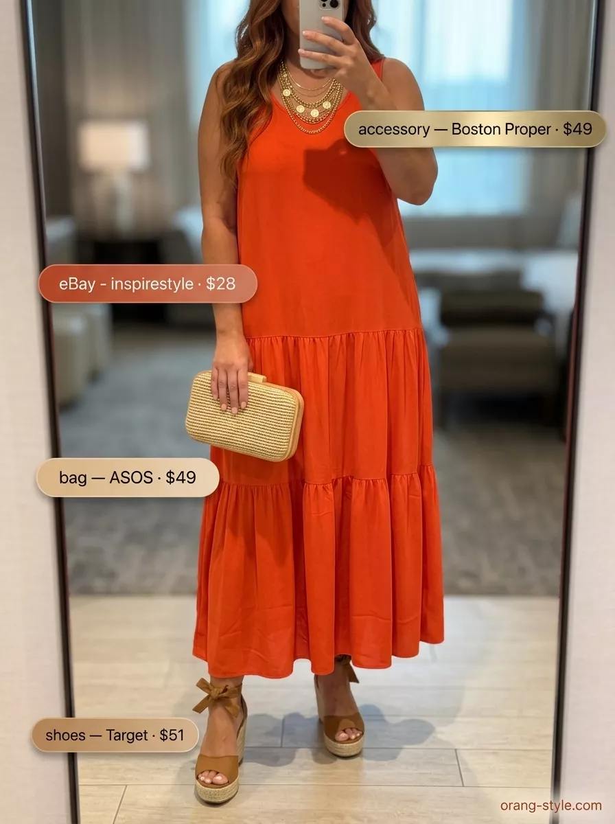 Desert Sunset Summer Cocktail Party Outfit 2026 Terracotta linen maxi dress, straw clutch & espadrille wedges for a summer cocktail party outfit for women 2026.