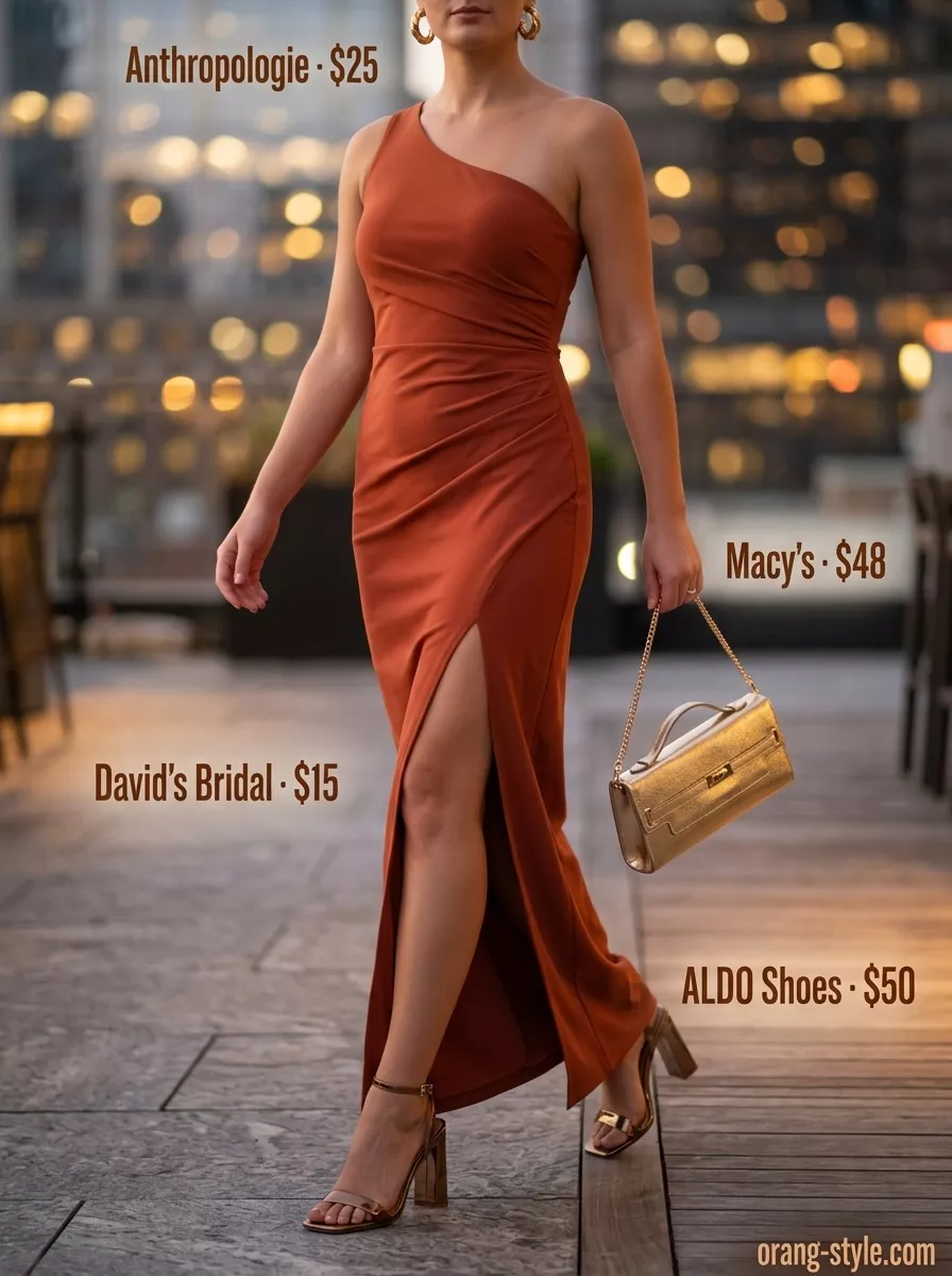 Terracotta Sunset Summer Cocktail Party Outfit 2026 Terracotta one-shoulder midi dress, bronze sandals & gold clutch for a summer cocktail party outfit for women 2026.