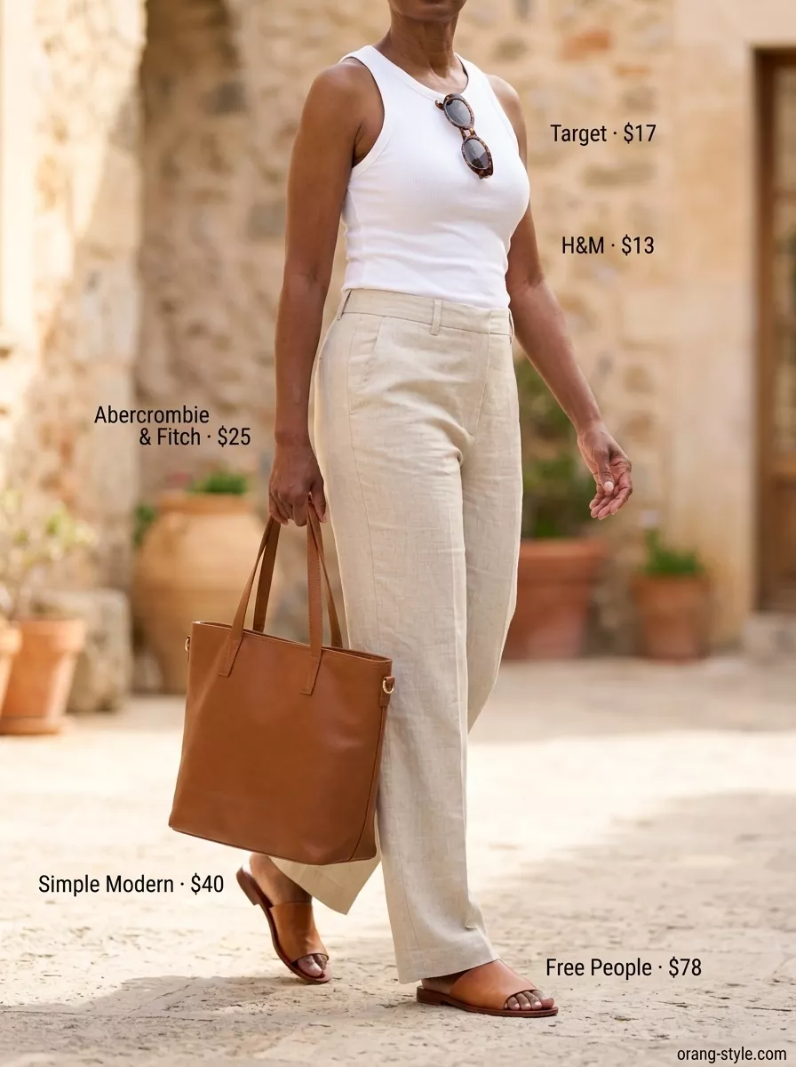 Elegant summer cotton outfit for women over 60 2026: beige linen pants, cream tank, leather slides. Sophisticated casual.