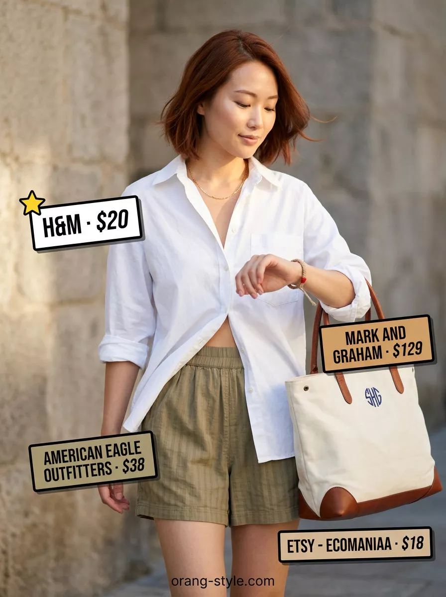 Relaxed summer cotton outfit for women over 60 2026: Olive linen shorts, white shirt, tan slides.