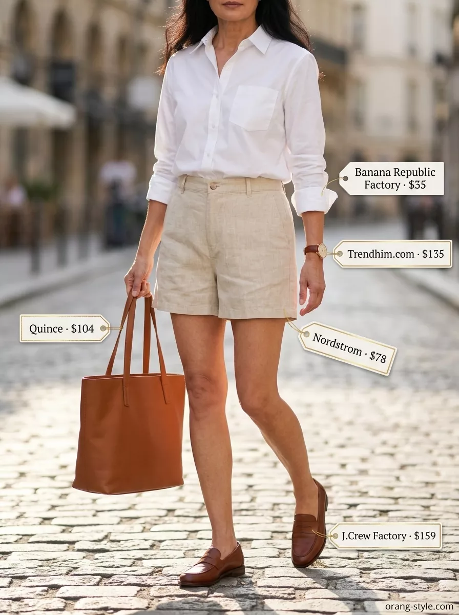 Chic summer cotton outfit for women over 60 2026: beige linen shorts, white cotton shirt, loafers. Smart casual lunch.