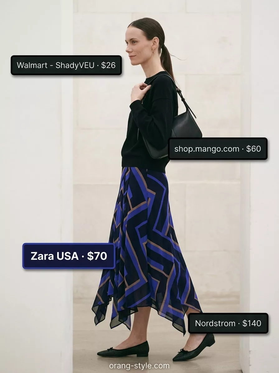 Artistic summer cotton outfit for women over 60 2026: Midi skirt, black tee, flats & sunglasses.