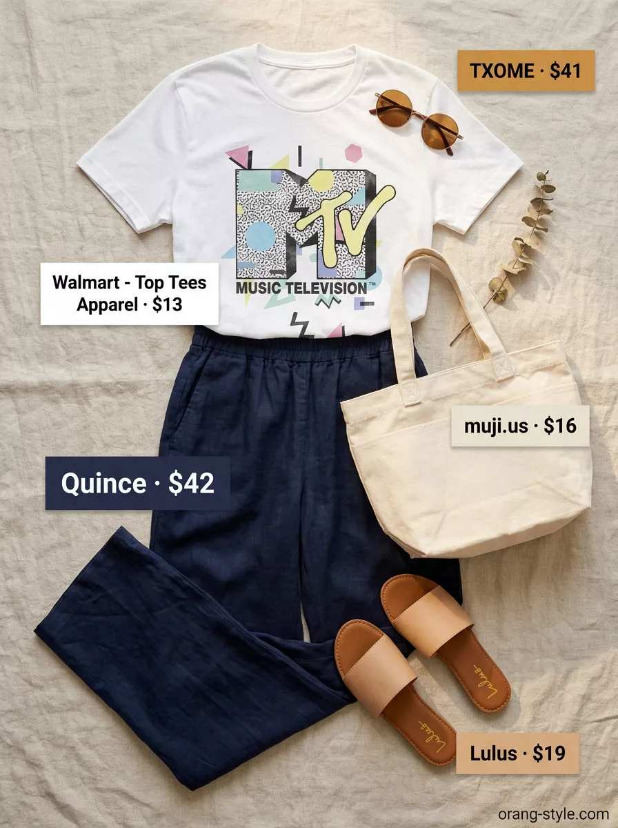 Summer cotton pants for women 2026: Coral cotton pants, graphic tee, slide sandals, and tote for a beach day.