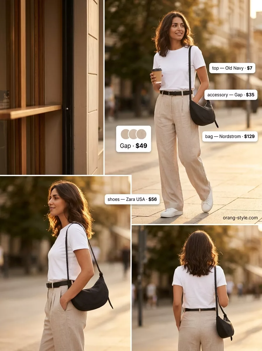 Beige cotton linen blend pants for casual errands. Style with white tee, black belt, and sneakers.