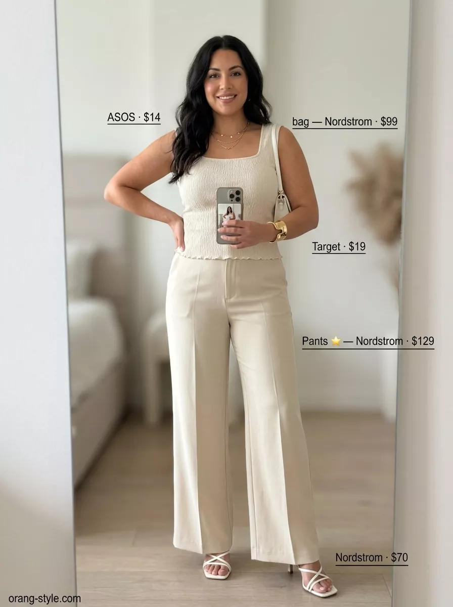 Sandstone beige wide-leg cotton trousers for evening events. Style with cropped top and heeled sandals.